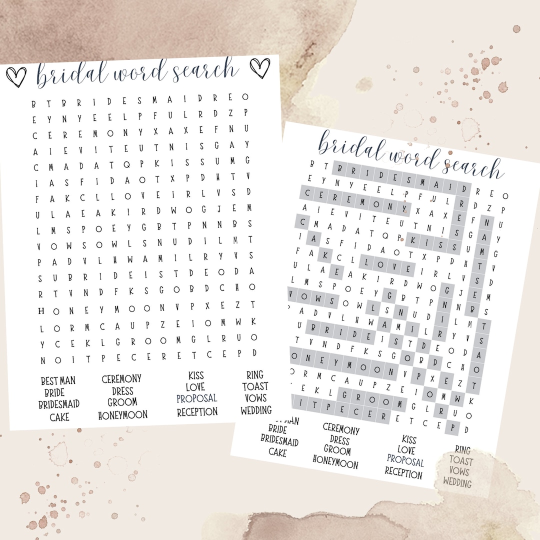 Bridal Word Search, Wedding Word Search, Bridal Shower Word Puzzle ...