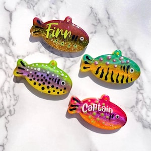 Pu&ograve; includere: Quattro ornamenti in resina a forma di pesce colorati. Uno &egrave; rosso e oro con il nome "Finn", un altro &egrave; verde, giallo e viola, e gli altri due sono gialli, verdi e rossi con il nome "Captain".