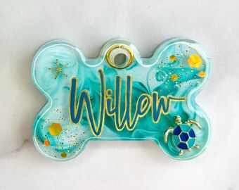 Turtle Resin Dog Tag: Glitter Beach Wave, Custom Pet ID, Ocean Pet Tag, Frankie Tags