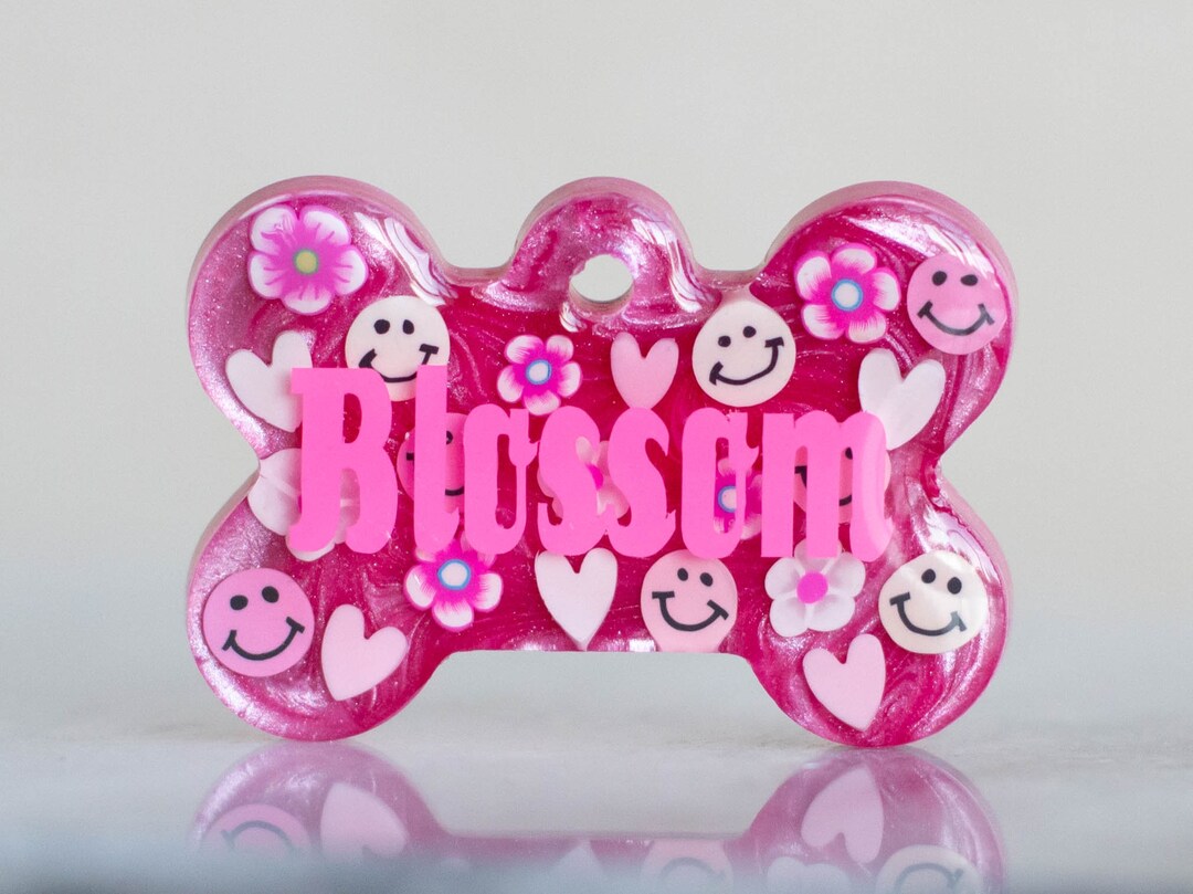 Pink Resin Dog Tag, Flower Dog Tag, Pet ID Tags Pink, Dog Tag