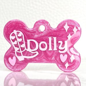 Cowgirl Dog Tag: Pink Dolly Glitter Resin Pet ID, Custom Name, Frankie Tags