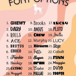 Pu&ograve; includere: Grafica con "FONT OPTIONS" e sagoma di cane. Sotto, 33 nomi in vari font, tra cui "Chewy", "Daisy" e "Rolls", su sfondo dai toni pesca e crema.