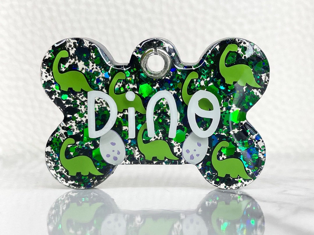 Dinosaur Glitter Resin Dog Tag: Personalized Dino Pet ID, Frankie Tags ...