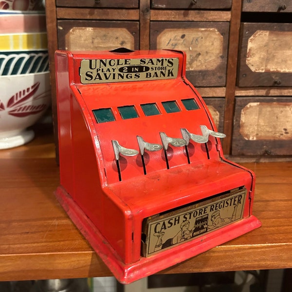 Vintage Uncle Sam's 3-Coin Register Bank in Red Decor 50's