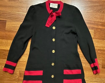 ADOLFO New York Knit Azul Marino & Rojo 50's Cardigan Suéter Sz M Saks Fifth Ave