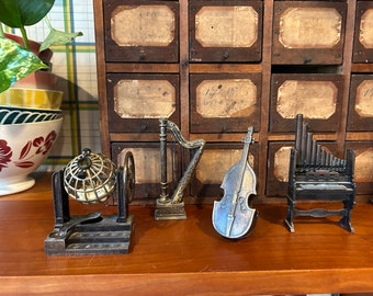 Vintage Die Cast Metal Pencil Sharpeners Harp, Cello, Organ and Lottery Ball