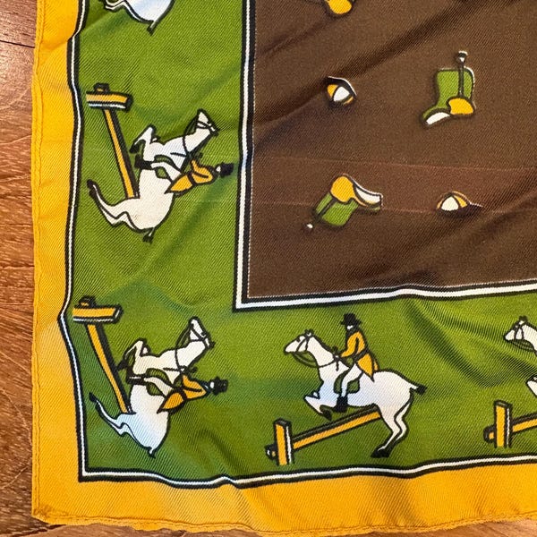 Horse Polo Kentucky Derby Silk Scarf Vintage Estate Find Neck Tie Green & Gold