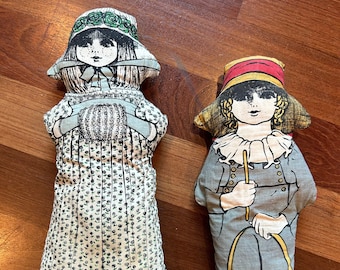 Set of Antique screen printed cloth folk art dolls