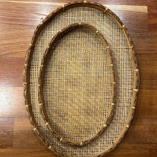 Pair of Nesting Rattan Trays Vintage Oval Serving