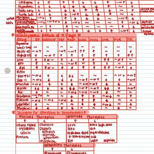 K&ouml;nnte beinhalten: Eine handschriftliche medizinische Referenztabelle auf liniertem Papier. Die Tabelle zeigt die h&auml;modynamischen Wirkungen von Medikamenten, Therapien und Schockzust&auml;nden. Rote Tinte wird f&uuml;r &Uuml;berschriften und Anmerkungen verwendet, mit Pfeilen, die Ver&auml;nderungen anzeigen.