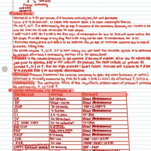 K&ouml;nnte beinhalten: Handschriftliches medizinisches Dokument mit roten &Uuml;berschriften und einer Tabelle mit normalen h&auml;modynamischen Parametern. Der Text enth&auml;lt Formeln und Messungen f&uuml;r Herzfrequenz, Blutdruck und Herzzeitvolumen.