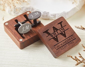 Boutons de manchette ovales personnalisés - Cadeaux pour garçons d'honneur Boutons de manchette en métal avec boîte en bois Boutons de manchette pour mariage