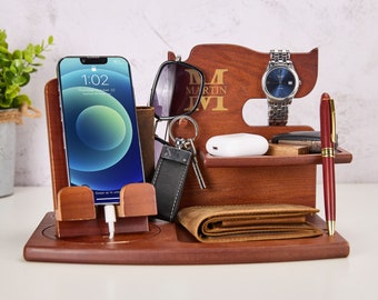 Custom Wooden Docking Station | Engraved Desk Organizer for Men | Charging Station for Boyfriend | Unique Fathers Day Gifts | Phone Stand