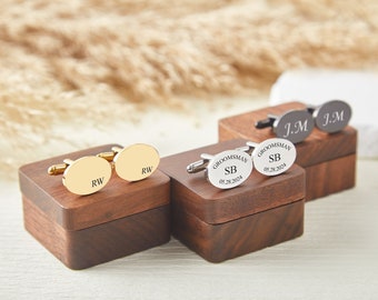 Boutons de manchette ovales personnalisés - Cadeaux pour garçons d'honneur Boutons de manchette en métal avec boîte en bois Boutons de manchette pour mariage