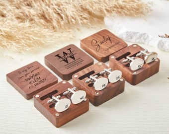 Boutons de manchette ovales personnalisés dans une boîte en noyer, cadeau de mariage, boîte de boutons de manchette personnalisée, cadeau de garçon d'honneur, boîte de boutons de manchette personnalisée de mariage, cadeau pour mari