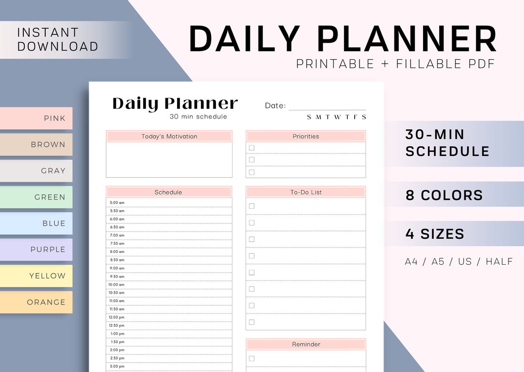 30-minute Daily Planner Printable Daily Schedule to Do - Etsy