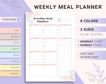 Planificador de comidas imprimible, diario de alimentos semanal, seguimiento de comidas, diario de alimentos, plan de menú, lista de compras, fitness/dieta, A4/A5/US, PDF de descarga instantánea