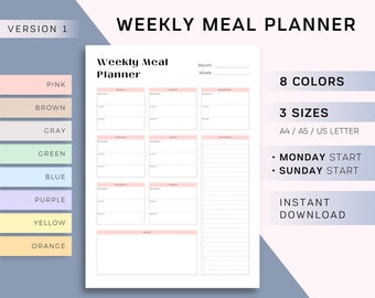 Planificador de comidas imprimible, diario de alimentos semanal, seguimiento de comidas, diario de alimentos, plan de menú, lista de compras, fitness/dieta, A4/A5/US, PDF de descarga instantánea