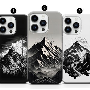 Line Art Mountain Custodia Nero Bianco Dettagliata Minimalista Moderna Cover iPhone 14 Pro Max 13 12 11 XS XR SE 2020 6 7 Samsung Galaxy Google Pixel