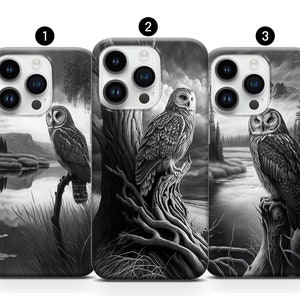 Uil Hoesje Donker Zwart Wit Grijs Gedetailleerd Landschap Dier Cover iPhone 14 Pro Max 13 12 11 XS XR SE 2020 6 7 Samsung Galaxy Google Pixel