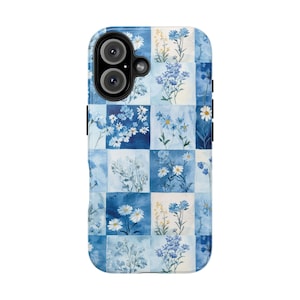 Blue Patchwork Quilt Tile Grandma Chic Aesthetic Floral Boho Cute Spring Trendy iPhone 16 Pro 15 14 13 12 mini 11 Samsung Galaxy s24 Case