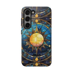 Celestial Stained Glass Print Moon & Stars Phone Case, Faux Stain Glass Starry Night Sky Design Phone Cover, iPhone 15 14 Pro, Samsung S24