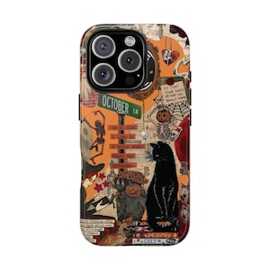 Collage Halloween iPhone 16 15 14 13 12 11 Pro Plus Cases, Skeleton Samsung Galaxy S24 S23 S22 S21 Ultra Cases, Spooky Vibes Pixel PhoneCase