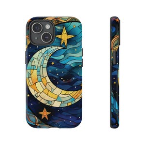 Celestial Stained Glass Moon and Stars Phone Case, Stain Glass Print Starry Night Sky Design Phone Cover | iPhone 15 14 13 12 11|Samsung S24