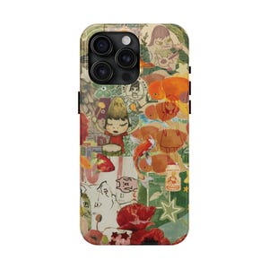 Coque iPhone 16 Collage | Coque Samsung Galaxy avec poisson rouge | Coque pour portable tulipe rouge |  Coque chat pour iPhone 15 14 13 12 11 Pro Max Plus
