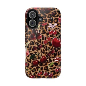 Cherry Leopard Cherries Animal Print iPhone 16-hoesje, roze strik telefoonhoesje, preppy esthetiek, Y2K iphone 15 Pro-hoesje, girly Samsung Galaxy-hoesje