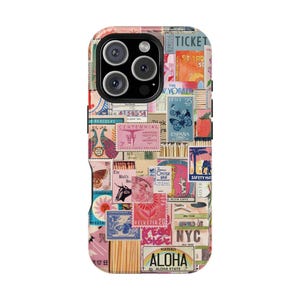 Vintage Stamp Collage Magsafe iPhone 16 Pro Case, Scrapbook iPhone 15 Case, Retro Phone Case, Y2K iPhone 16 15 14 13 Pro Max Plus Cases