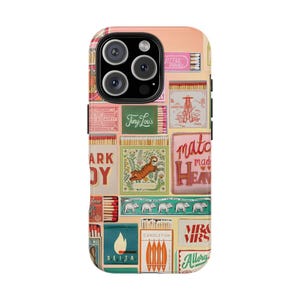 Vintage Matchbox Collage iPhone 16 Case, Vintage Matches, A Design with Vintage Charm, iPhone 16 15 14 Pro Max 8 Plus X Samsung Galaxy S24