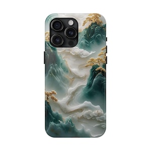 Funda de teléfono resistente con tallado de jade asiático, funda de teléfono con arte paisajístico chino, funda estética para teléfono / iPhone 16, 15, 14, 13, 12, 11, Samsung