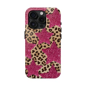 PINK GLITTER LEOPARD iPhone 15 14 13 12 11 Pro Plus Case, Y2K Samsung Galaxy S24 S23 S22 S21 Case