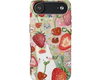 Coquette Strawberry Collage iPhone 17 Pro Case, Kawaii iPhone 16 15 14 13 12 11 Pro Max Plus Cases, Cat Lover Samsung Galaxy S24 Cases