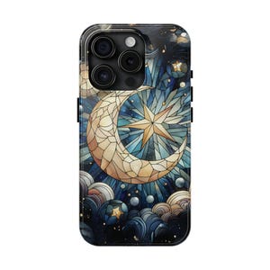 Celestial Stained Glass Print Moon & Stars Phone Case, Faux Stain Glass Starry Night Sky Design iPhone 15 14 13 12 11 Pro Case, Samsung S24