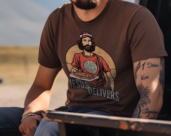 Jesus Delivers Christian Tee Shirt with Pizza Delivery Guy Design | Faith-Based Apparel for Pizza Lovers | Inspirational and Fun Jesus Shirt