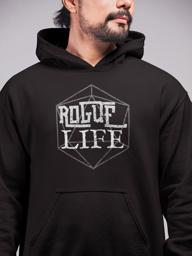 May include: Black hooded sweatshirt with a white graphic of a 20-sided die with the words "Rogue Life" inside.