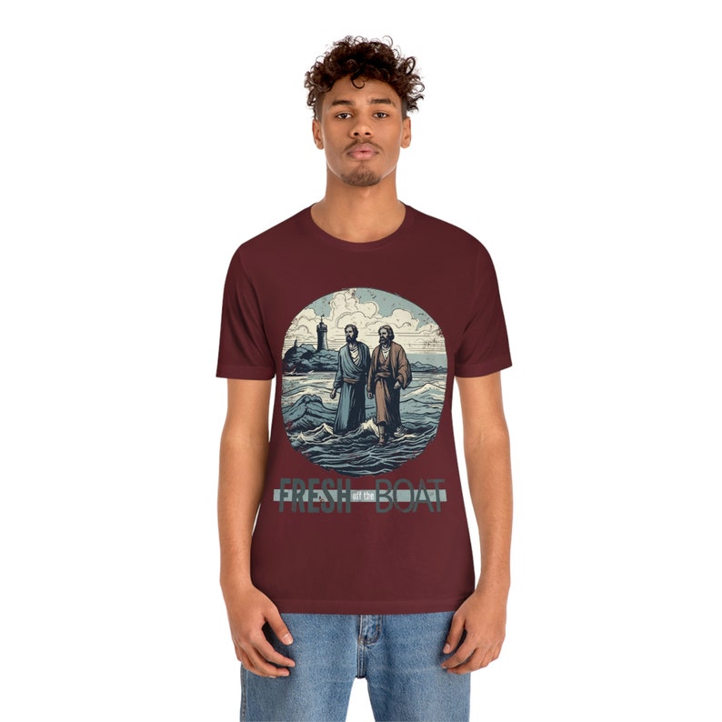Fresh off the Boat Shirt | Lustiges christliches T-Shirt für Wortspiel-Liebhaber | Petrus und Jesus auf dem Wasser gehend Design | Glaube-basierte Kleidung Bild 9
