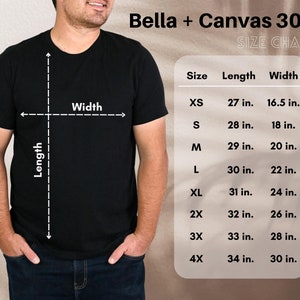 May include: Size chart for Bella + Canvas 3001 t-shirts, showing measurements in inches for XS to 4X sizes. The chart lists length and width measurements for each size.