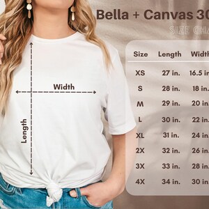 May include: Size chart for Bella + Canvas 3001 t-shirts, showing measurements in inches for length and width for sizes XS to 4X.
