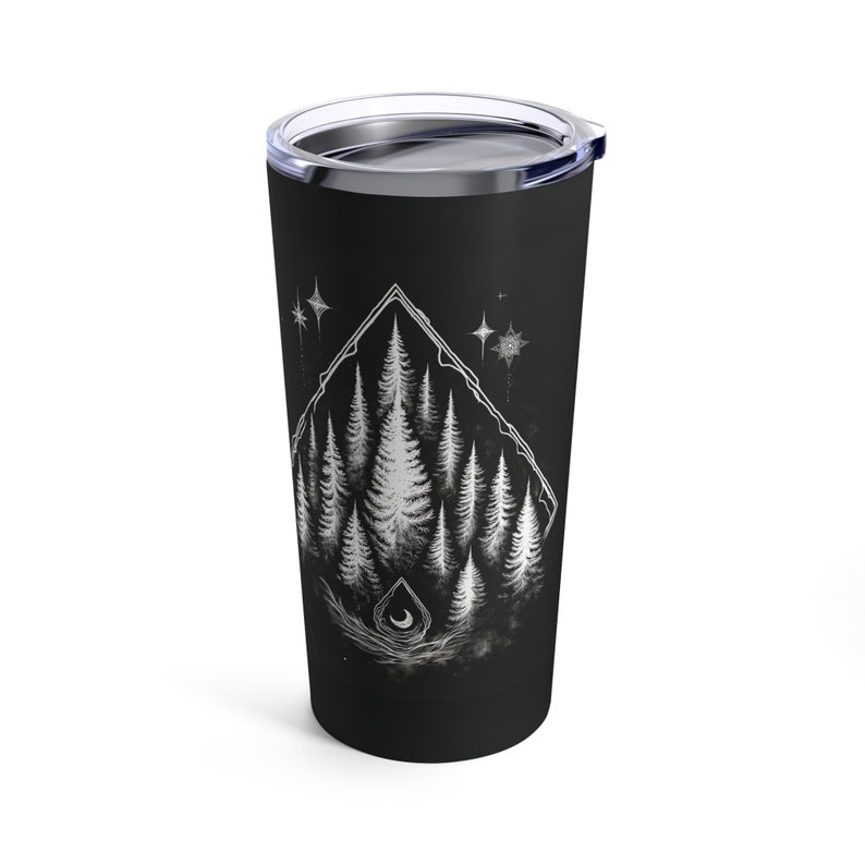 Von SCP und Horror-Rollenspiel inspirierter Becher - Strangers in the Pines Logo und Forrest - 20 Unzen Edelstahl | TTRPG und D&D Travel Mug mit See-Thru Deckel Bild 6