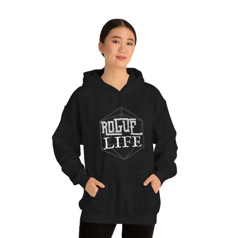 May include: Black hooded sweatshirt with a white graphic of a 20-sided die with the text "ROGUE LIFE" inside.