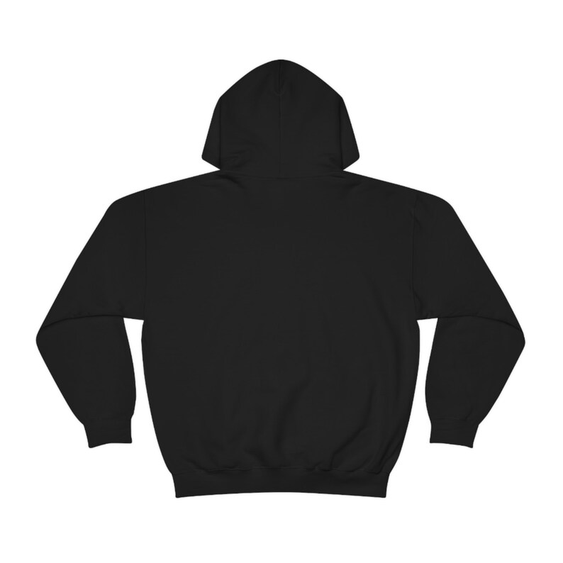 May include: A black hooded sweatshirt with a pouch pocket. The sweatshirt has long sleeves and a drawstring hood.