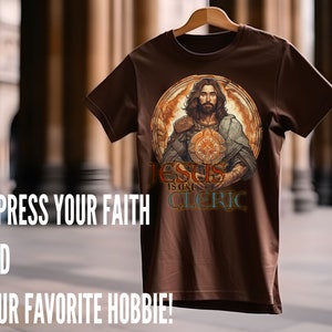 Jesus is Mijn Cleric Shirt BRUIN | Christian Tee voor DND- en RPG-spelers | Cleric Armor-ontwerp | Op geloof gebaseerde kleding | Alternatief ontwerp 4 afbeelding 1
