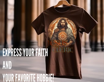 Jesus é minha camisa do clérigo MARROM | Camiseta cristã para jogadores de DND e RPG | Design de armadura de clérigo | Vestuário baseado na fé | Projeto Alternativo 4