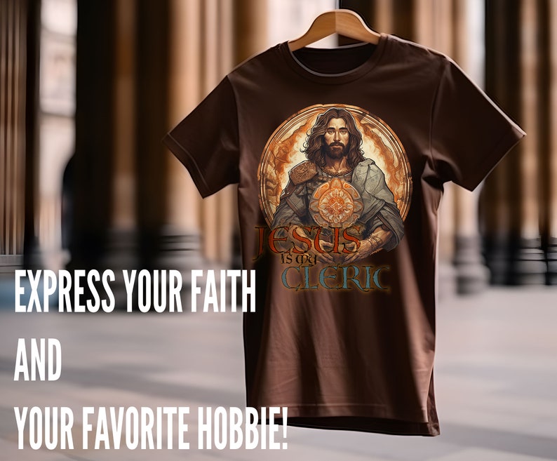 Jesus is Mijn Cleric Shirt BRUIN | Christian Tee voor DND- en RPG-spelers | Cleric Armor-ontwerp | Op geloof gebaseerde kleding | Alternatief ontwerp 4 afbeelding 1