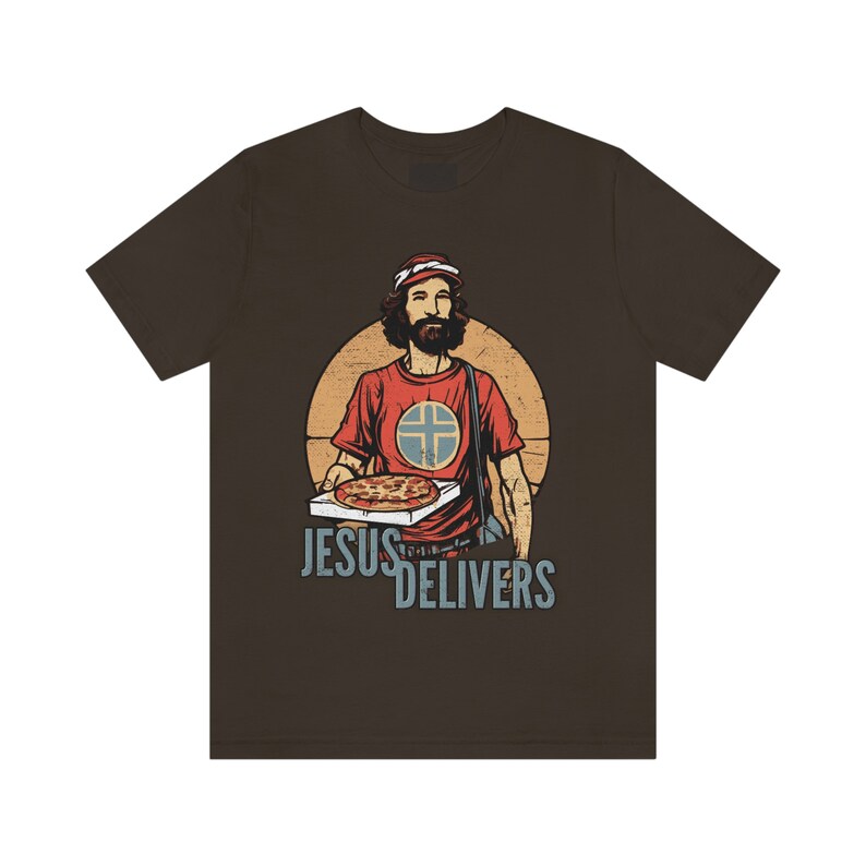 Jesus Delivers Christian Tee Shirt with Pizza Delivery Guy Design | Faith-Based Apparel for Pizza Lovers | Inspirational and Fun Jesus Shirt image 4