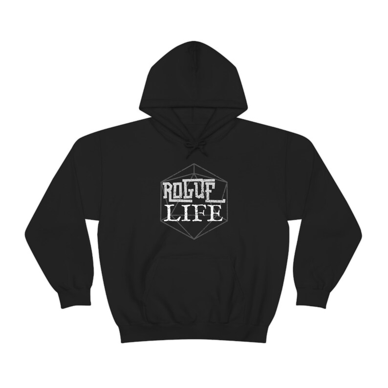 May include: Black hooded sweatshirt with a white graphic of a dice with the text "ROGUE LIFE" inside.