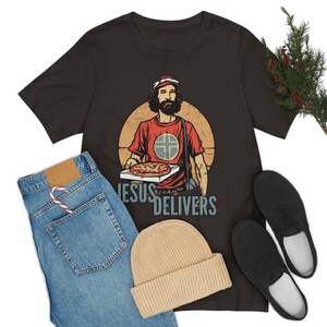 Jesus Delivers Christian Tee Shirt with Pizza Delivery Guy Design | Faith-Based Apparel for Pizza Lovers | Inspirational and Fun Jesus Shirt image 3